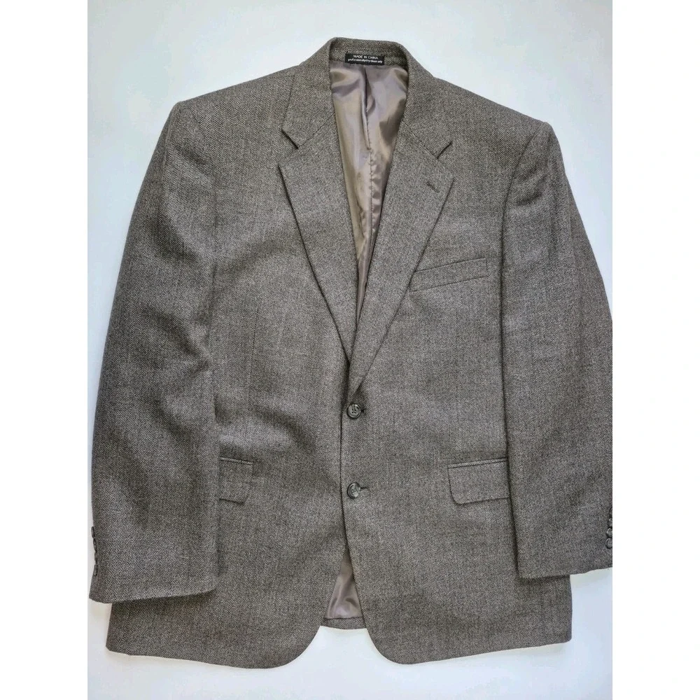 RBM Mens Wool Sports Coat 46R Taupe Herringbone 2 Button Blazer H703